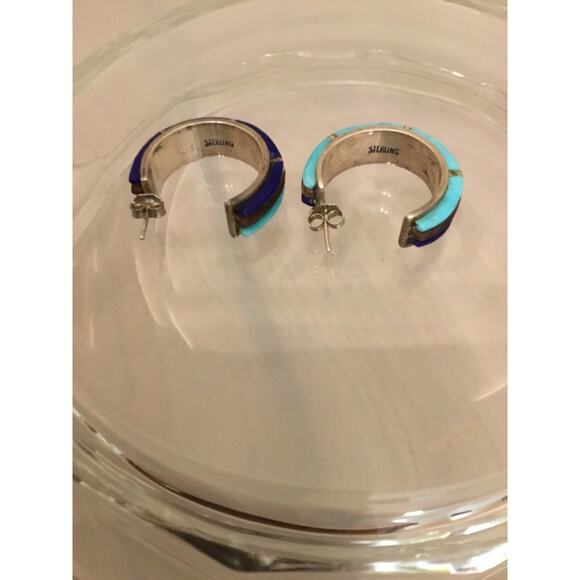 Vintage Navajo Inlay Turquoise/Lapis/Onyx Sterling Silver 3/4 Hoop Post Earrings - Picture 6 of 6
